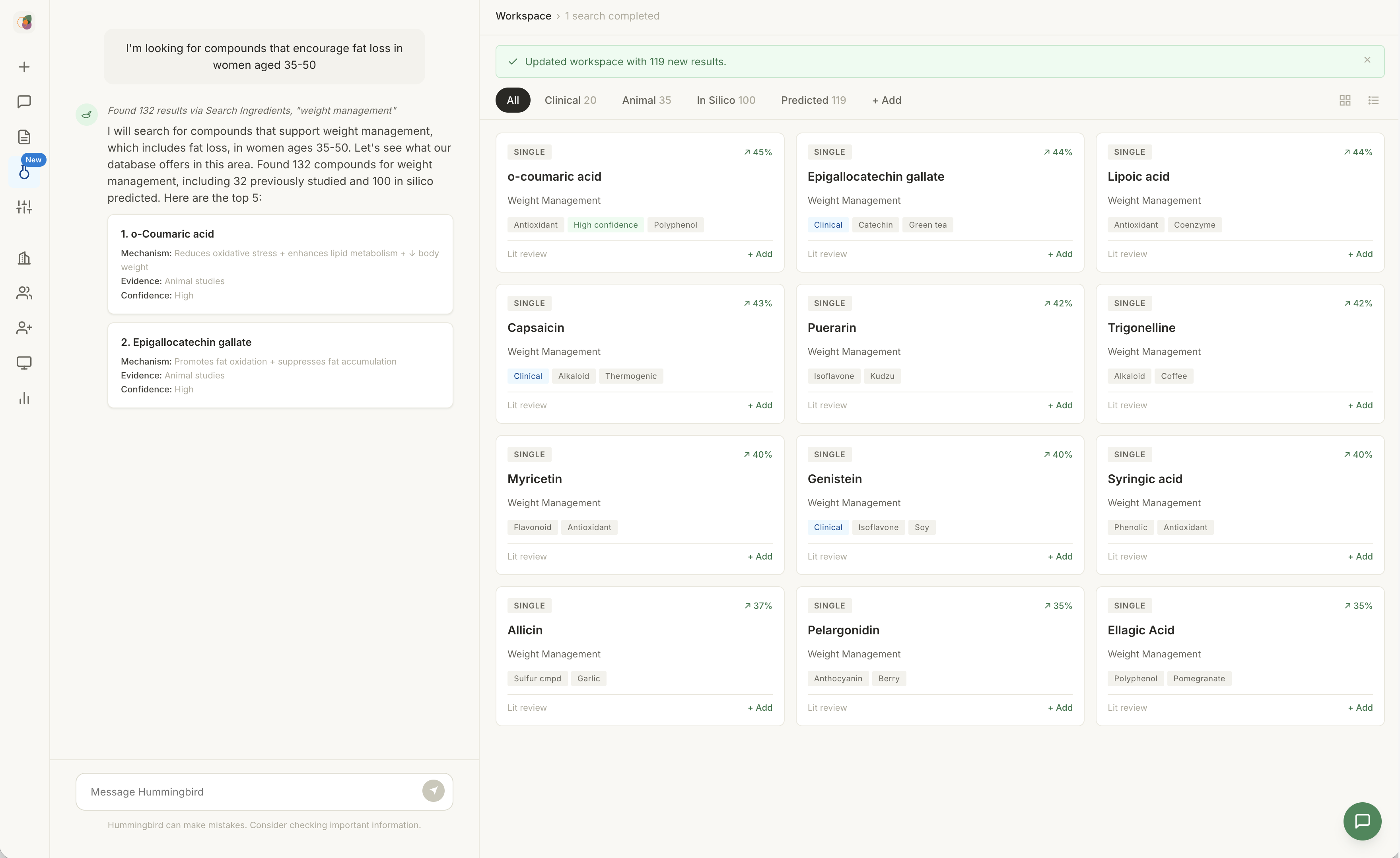 Hummingbird compound discovery workspace showing AI search results and a grid of compound cards