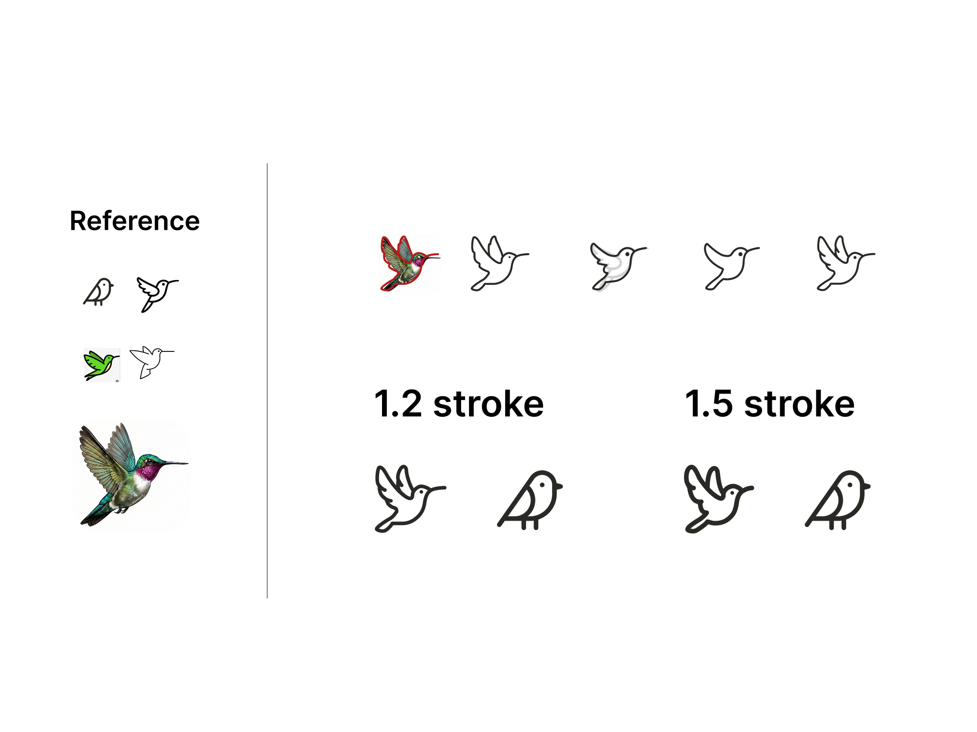 Hummingbird icon studies: a reference column of a photo and sketch marks beside iterations refining the line icon from a realistic colored version down to clean strokes, with 1.2 and 1.5 stroke-weight comparisons of the hummingbird and a small bird