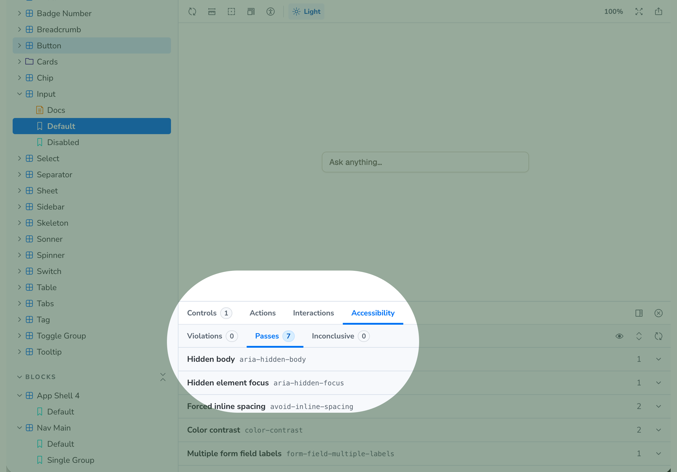 Storybook component library showing a full design system with 0 accessibility violations and 7 passes