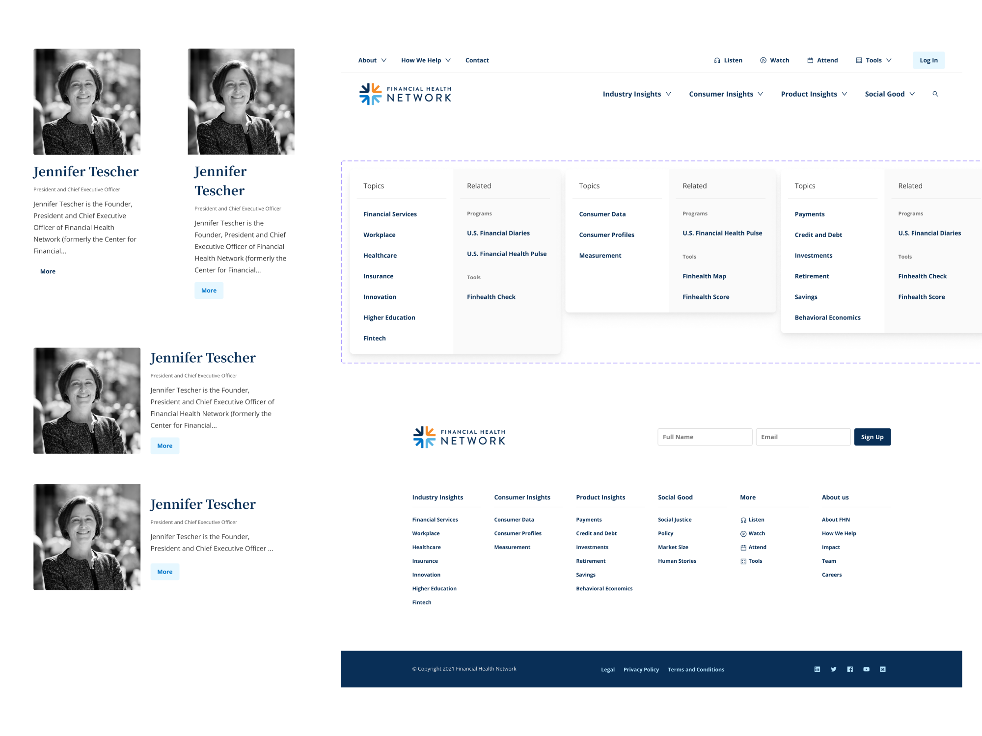 Key UI components: author bios, mega-menu, and footer for the Financial Health Network site
