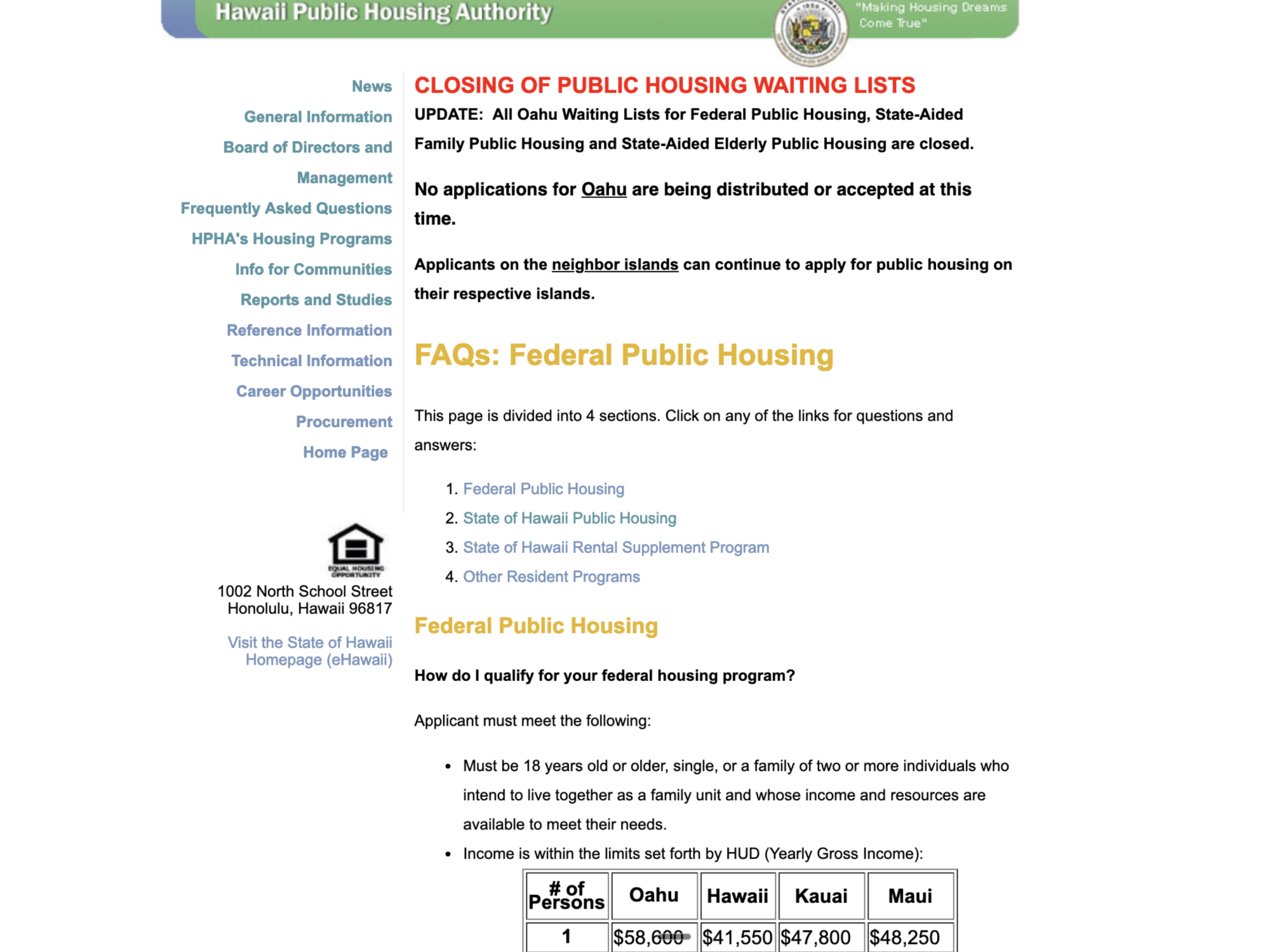 The Hawaiʻi Public Housing Authority's dated, text-heavy legacy website, with dense public-housing waiting-list notices and FAQ links