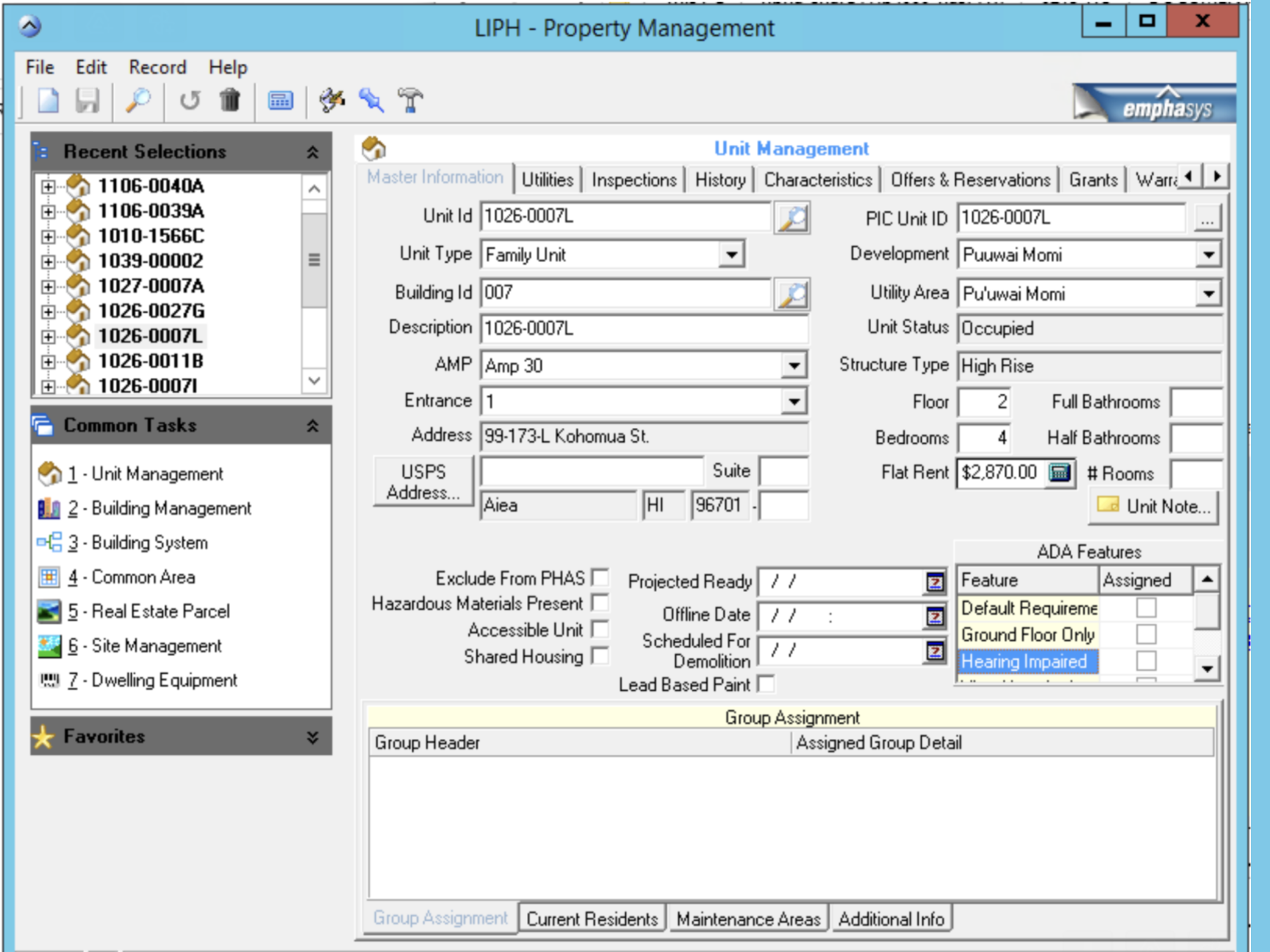 The legacy LIPH property-management desktop software running HPHA's operations, a dense Windows unit-management form