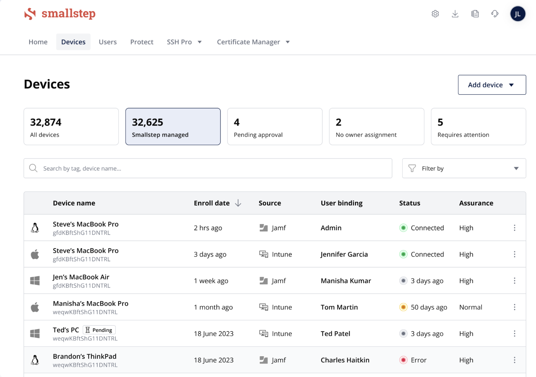 Devices dashboard built on the new design system, with summary metric cards and a clean device table