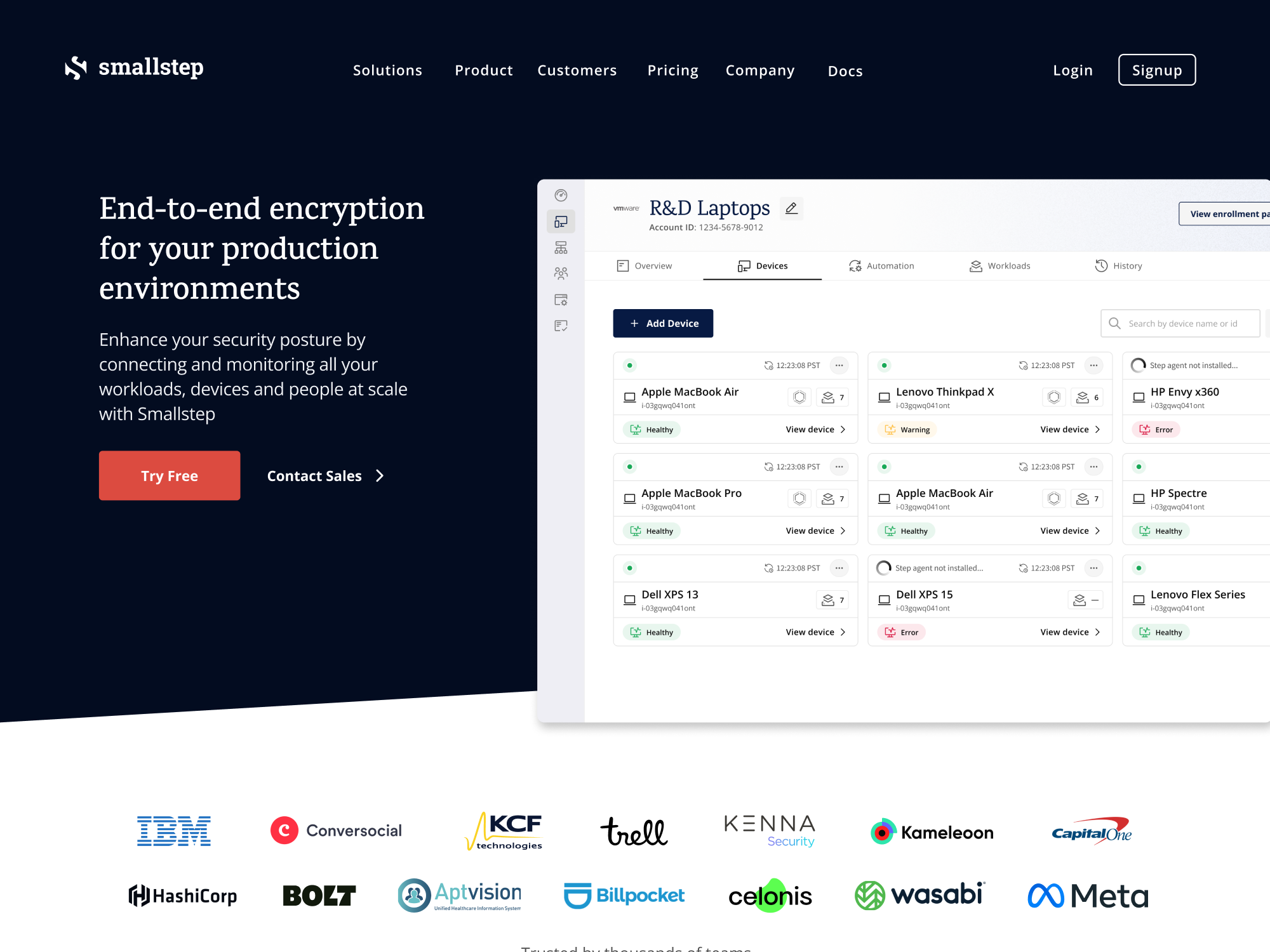 Refreshed Smallstep marketing homepage with the headline 'End-to-end encryption for your production environments' and customer logos