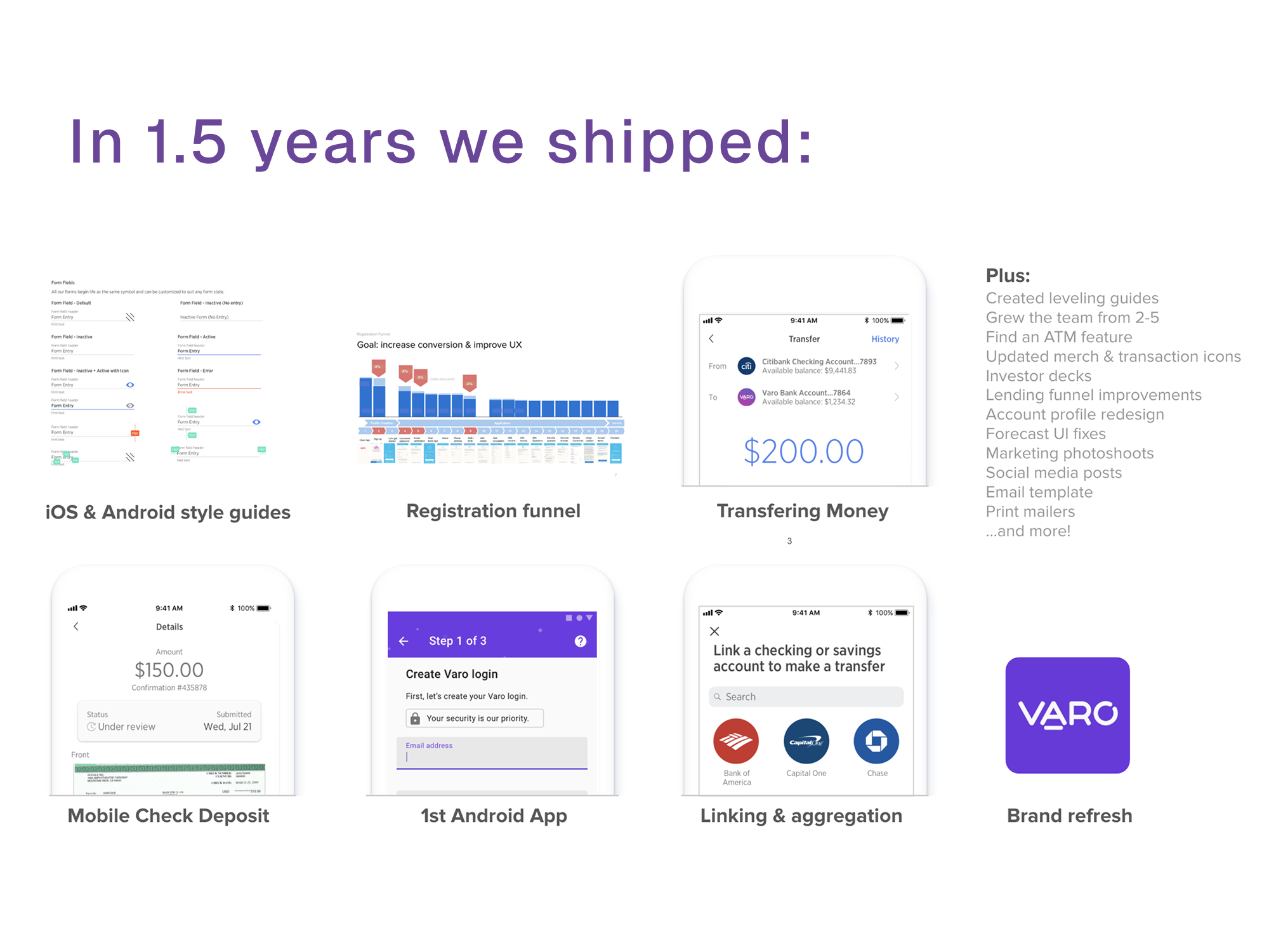 Summary of what shipped in 1.5 years: iOS and Android style guides, registration funnel, money transfer, mobile check deposit, the first Android app, account linking, and a brand refresh